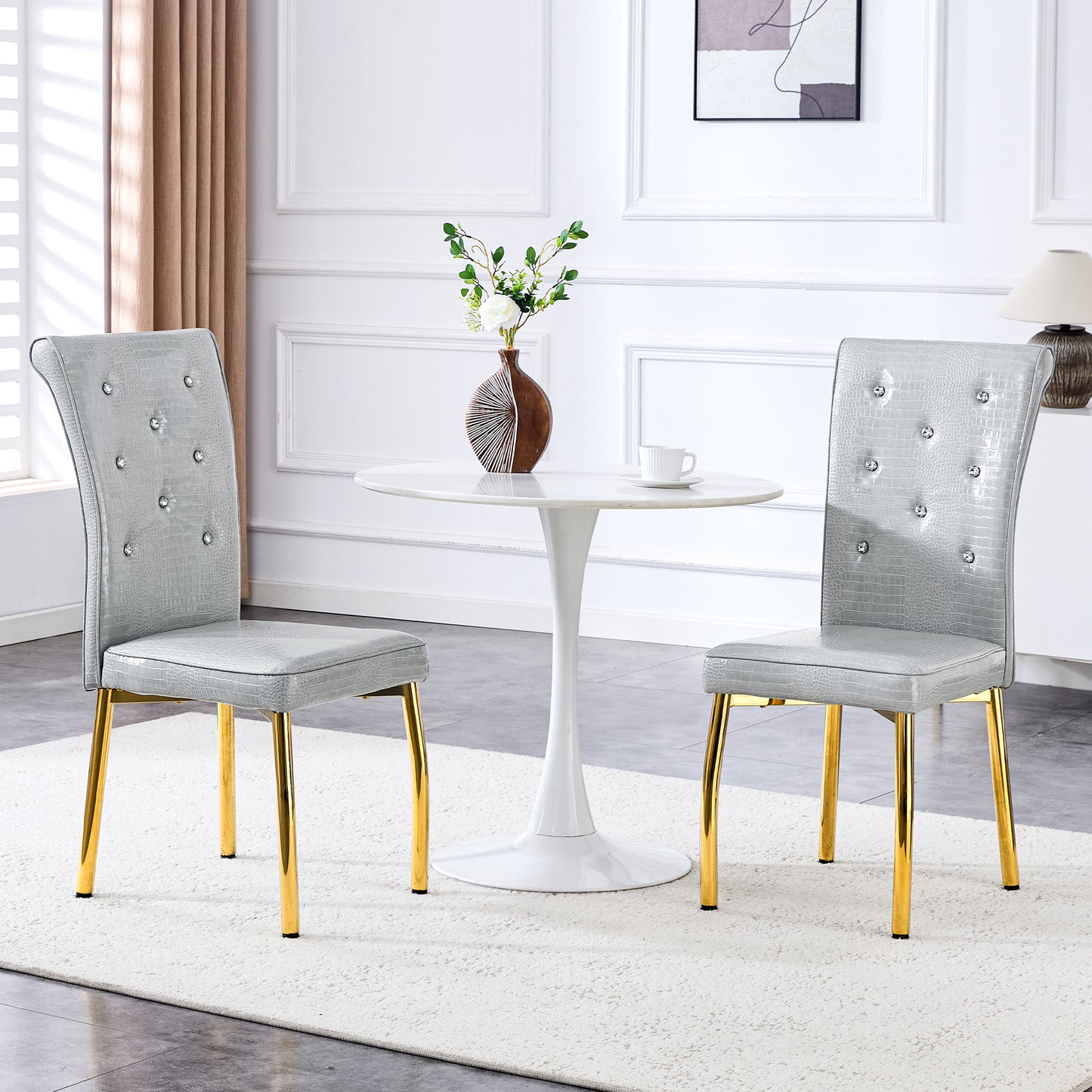A Set Of 2 Gray And Gold Vintage Crocodile Leather Cushioned Dining Chairs, Featuring Crystal Clasp Design And Artificial Leather Design, Adding A Touch Of Elegance And Mystery To The Dining Area