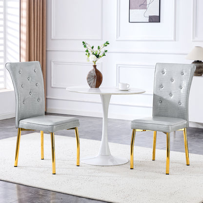 A Set Of 2 Gray And Gold Vintage Crocodile Leather Cushioned Dining Chairs, Featuring Crystal Clasp Design And Artificial Leather Design, Adding A Touch Of Elegance And Mystery To The Dining Area