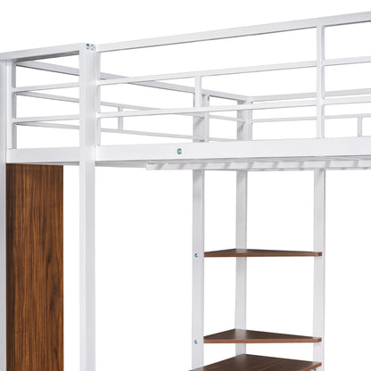 Full Size Metal Loft Bed With Desk, 2 Shelves, White - LP000191AAK