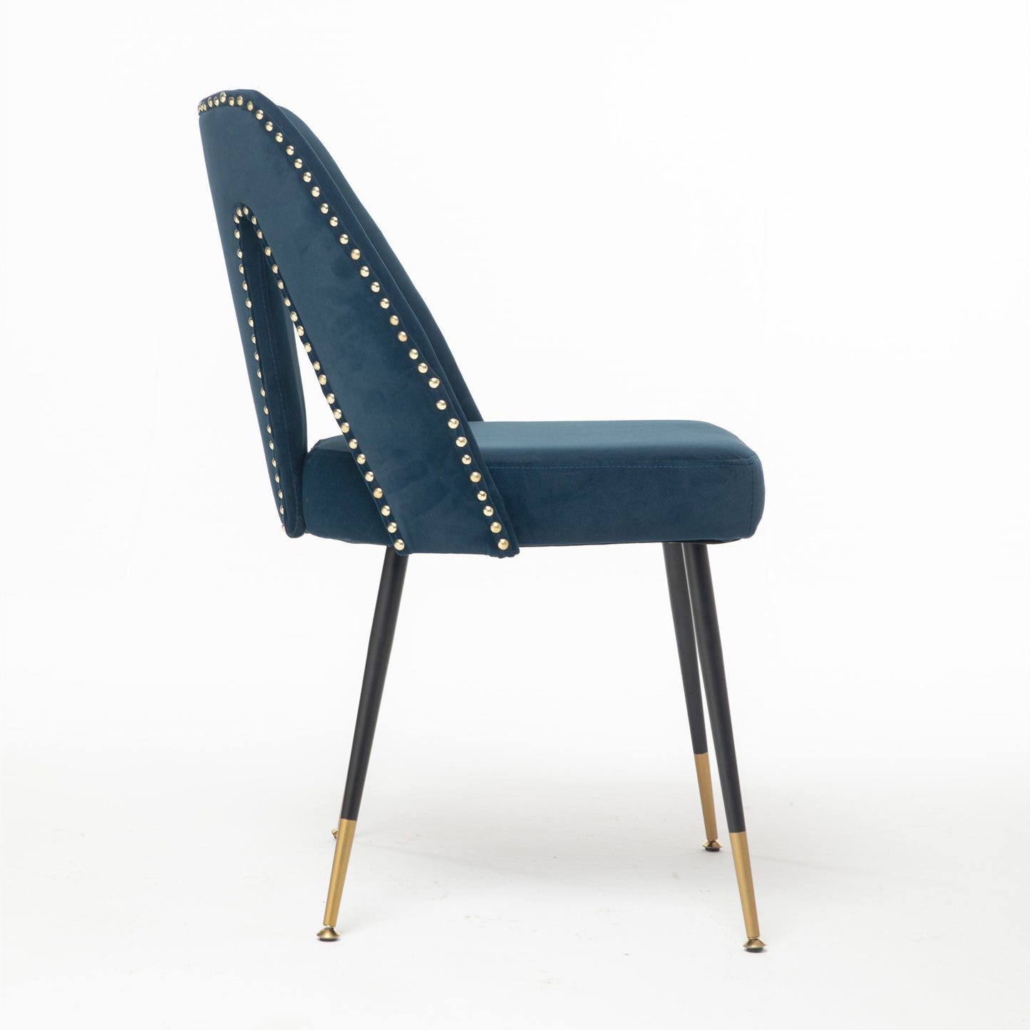A&A Furniture,Akoya Collection Modern  Contemporary Velvet Upholstered Dining Chair With Nailheads And Gold Tipped Black Metal Legs,Blue,Set Of 2