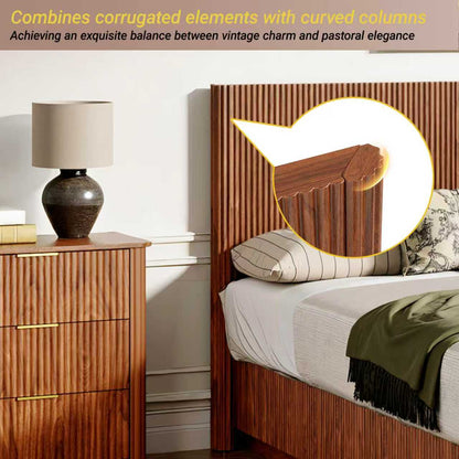 Queen Size Bed Frame With LED Lights, Modern Wooden Corrugated Curved Lines, Convex Groove Board Design, Walnut.