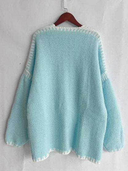 Back To School Sweater - Double Take Contrast Open Front Dropped Shoulder Cardigan