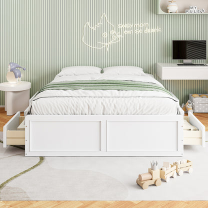 Wood Queen Size Platform Bed Frame With 6 Drawers, White