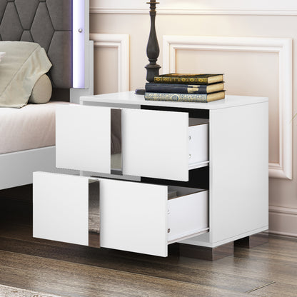 Elegant Nightstand With Metal Foot, Mirrored Bedside Table With 2 Drawers For Bedroom, Living Room, White