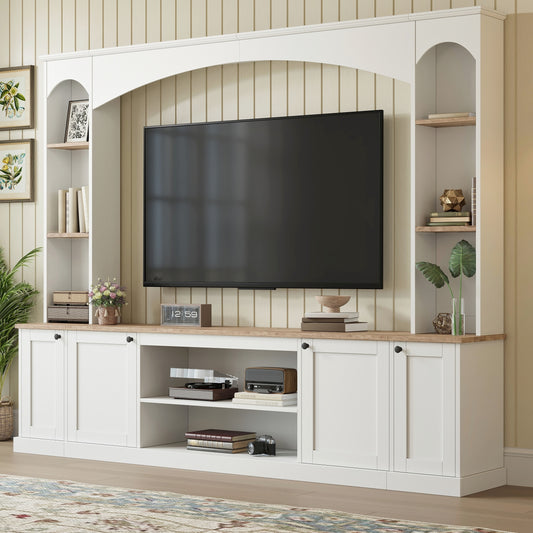 Elegant Arched Entertainment Center Wall Unit With Bookshelf, Farmhouse Large TV Stand With Wood Grain For TVs Up To 70, 91inch Stylish Media Console With Adjustable Shelves For Living Room, White