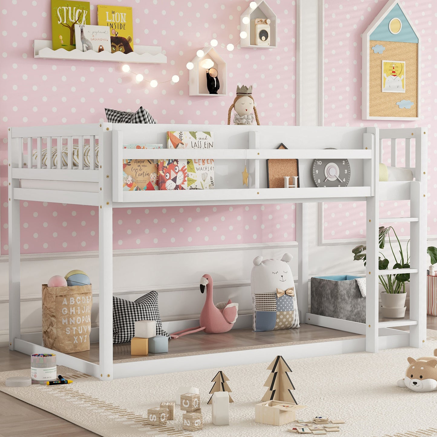 Low Twin Over Twin Bunk Bed, Floor Bunk Bed With Ladder, Solid Wood Twin Bunk Bed For Kids & Juniors, WhiteExpect Arrival Date 2025 11 25
