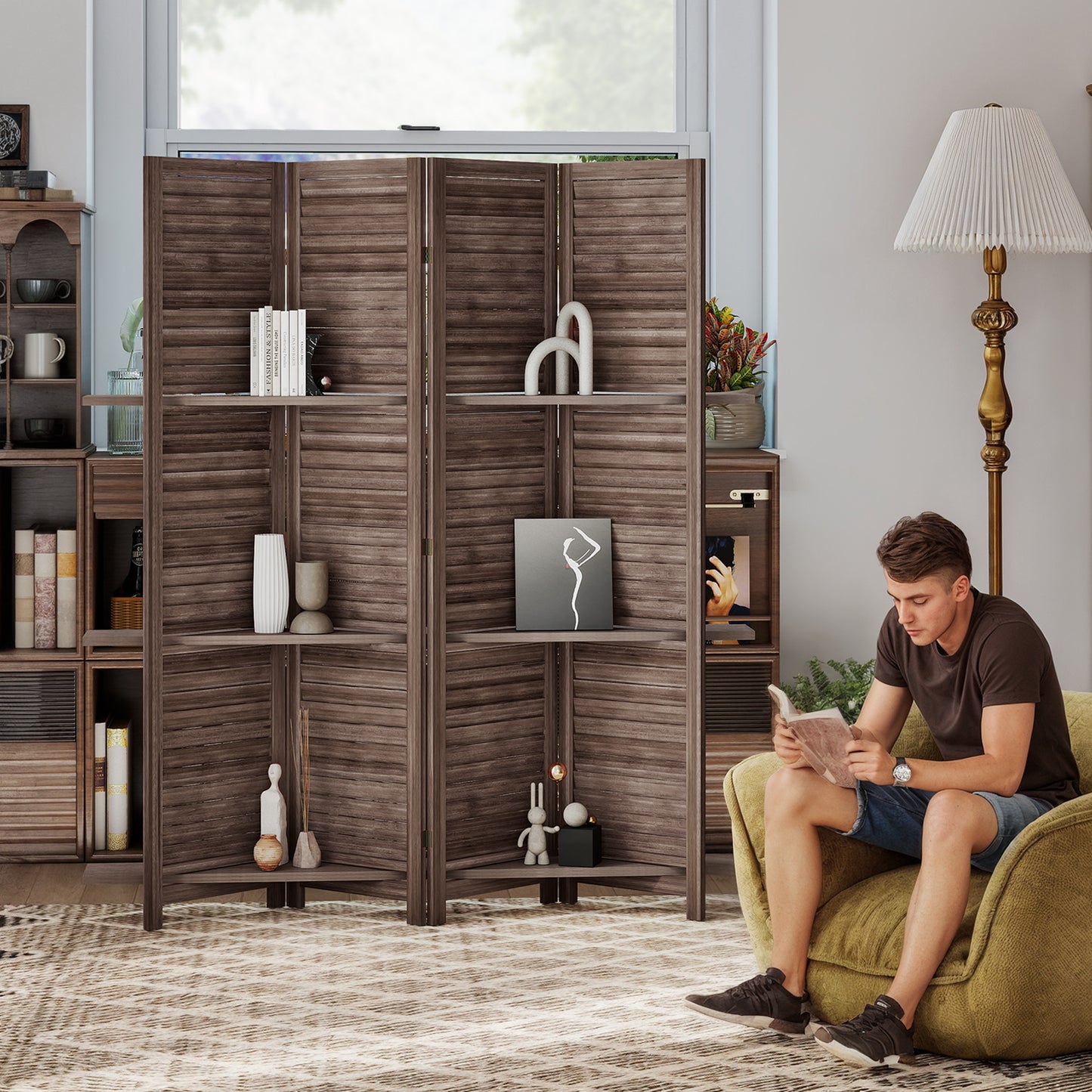 4 Panel 67" Tall Wood Privacy Screen Room Divider with 3 Shelves and Folding Storage for Bedroom, Walnut