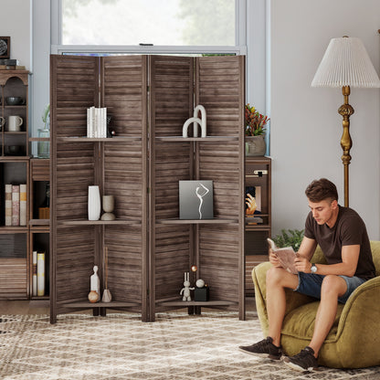 4 Panel 67" Tall Wood Privacy Screen Room Divider with 3 Shelves and Folding Storage for Bedroom, Walnut