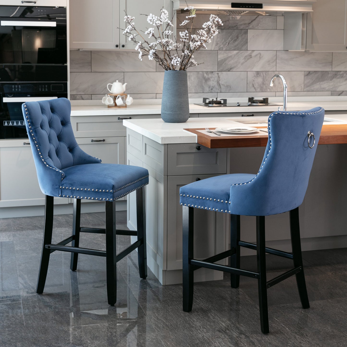 Contemporary Velvet Upholstered Barstools With Button Tufted Decoration And Wooden Legs, And Chrome Nailhead Trim, Leisure Style Bar Chairs,Bar Stools, Set Of 2 Blue,SW2002BL