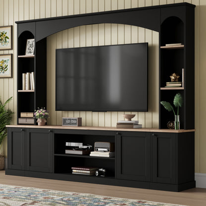 Elegant Arched Entertainment Center Wall Unit With Bookshelf, Farmhouse TV Stand With Wood Grain For TVs Up To 70, 91inch Media Console With Adjustable Shelves For Living Room, Black