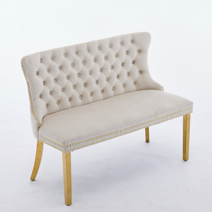 Velvet Double Dining Loveseat Bench, Kitchen & Dining Seating, 2-Seat Tufted Bench W Handmade Buttons, Wing Back, Gold-Plated Steel Legs, Mid Century Modern,Single Pack,Beige