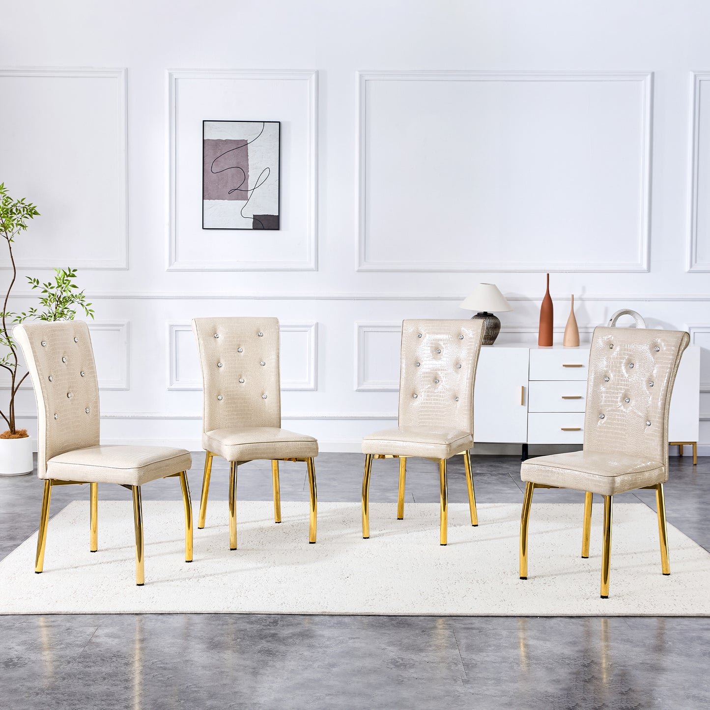 A Set Of 2 Beige And Gold Vintage Crocodile Leather Cushioned Dining Chairs, Featuring Crystal Clasp Design And Artificial Leather Design, Adding A Touch Of Elegance And Mystery To The Dining Area