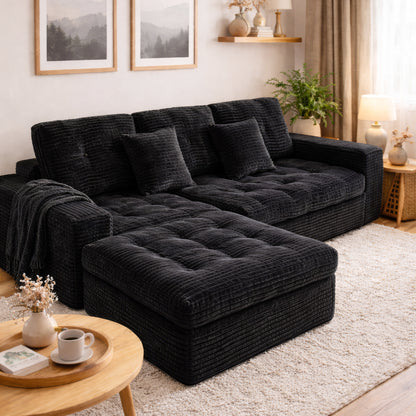 Modular Cloud Sofa Set, 105 DIY Sectional With Ottoman, Pure Foam, Faux Rabbit Fur Velvet, Comfortable Living Room Couch Black