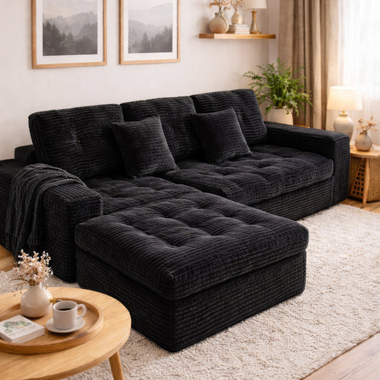 Modular Cloud Sofa Set, 105 DIY Sectional With Ottoman, Pure Foam, Faux Rabbit Fur Velvet, Comfortable Living Room Couch Black