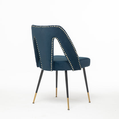 A&A Furniture,Akoya Collection Modern  Contemporary Velvet Upholstered Dining Chair With Nailheads And Gold Tipped Black Metal Legs,Blue,Set Of 2