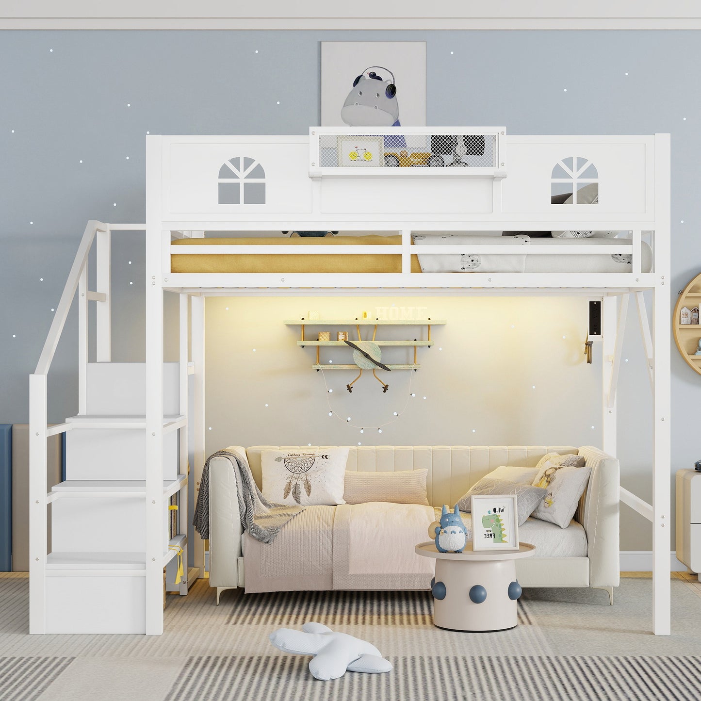 Full Size Loft Bed With Stairs, Metal Full Loft Bed With High And House Shaped Guardrails, High Loft Bed With Wardrobe For Kids Teens, White Old SKU W2593S00037 Expect Arrival Datee2026 3 17