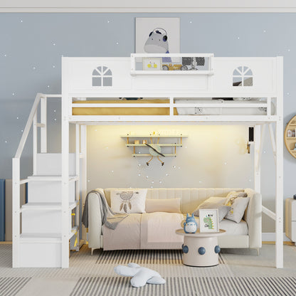 Full Size Loft Bed With Stairs, Metal Full Loft Bed With High And House Shaped Guardrails, High Loft Bed With Wardrobe For Kids Teens, White Old SKU W2593S00037 Expect Arrival Datee2026 3 17