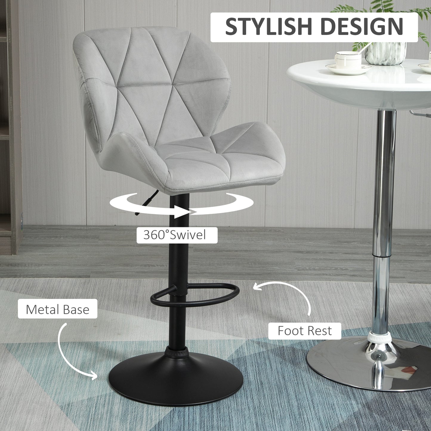 Adjustable Bar Stools Set Of 2, Armless Upholstered Swivel Counter Chairs, Barstools With Back, Footrest, Light Grey