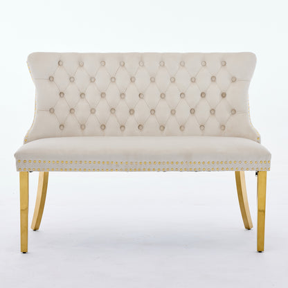 Velvet Double Dining Loveseat Bench, Kitchen & Dining Seating, 2-Seat Tufted Bench W Handmade Buttons, Wing Back, Gold-Plated Steel Legs, Mid Century Modern,Single Pack,Beige