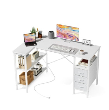 L-shaped Computer Gaming Table With Monitor Stand, 3 Drawers, USB Interface, Power Socket, Corner Workstation