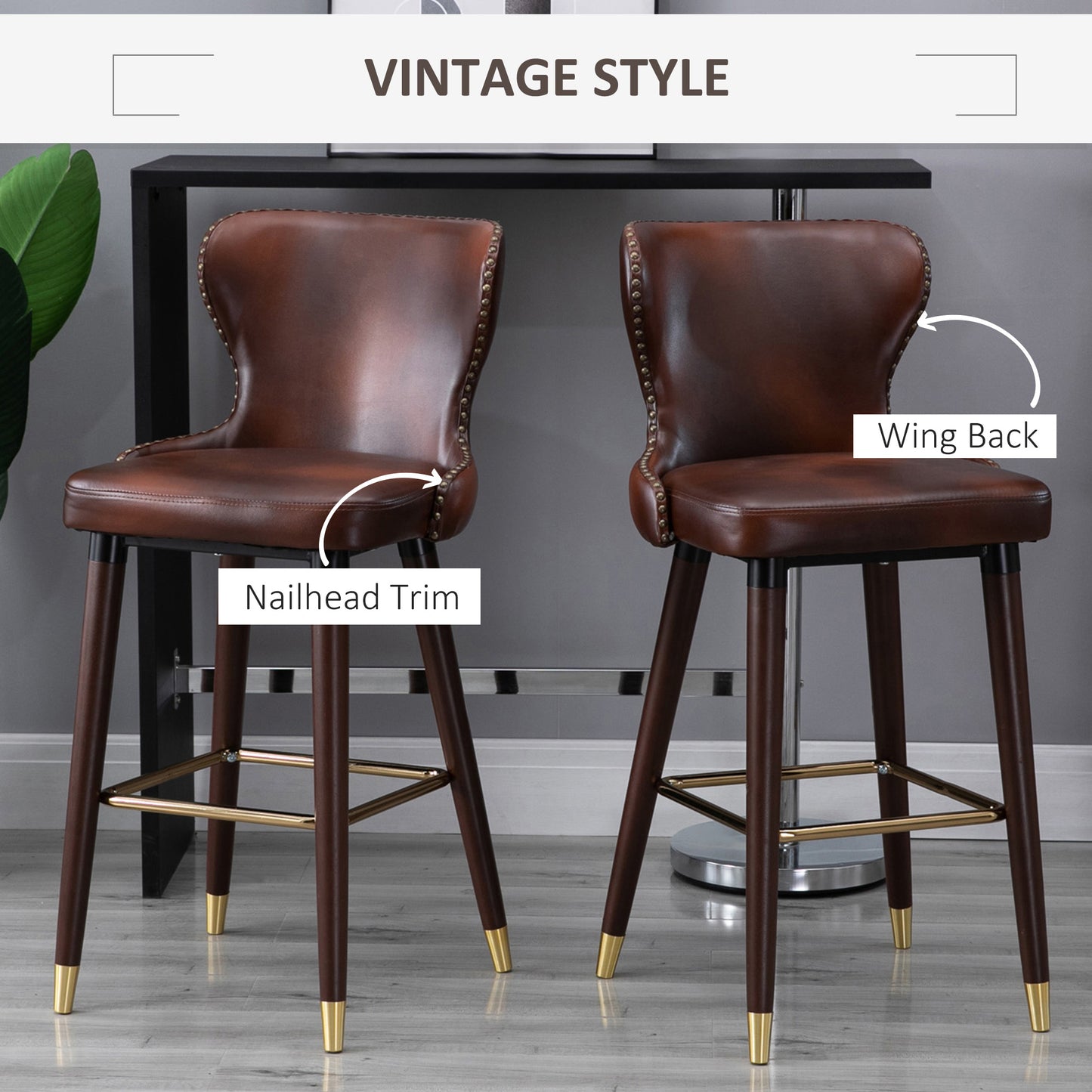 Bar Stools Set Of 2, PU Leather Barstools With Back, Footrest And Wood Legs For Kitchen, Counter, Breakfast Bar, Brown