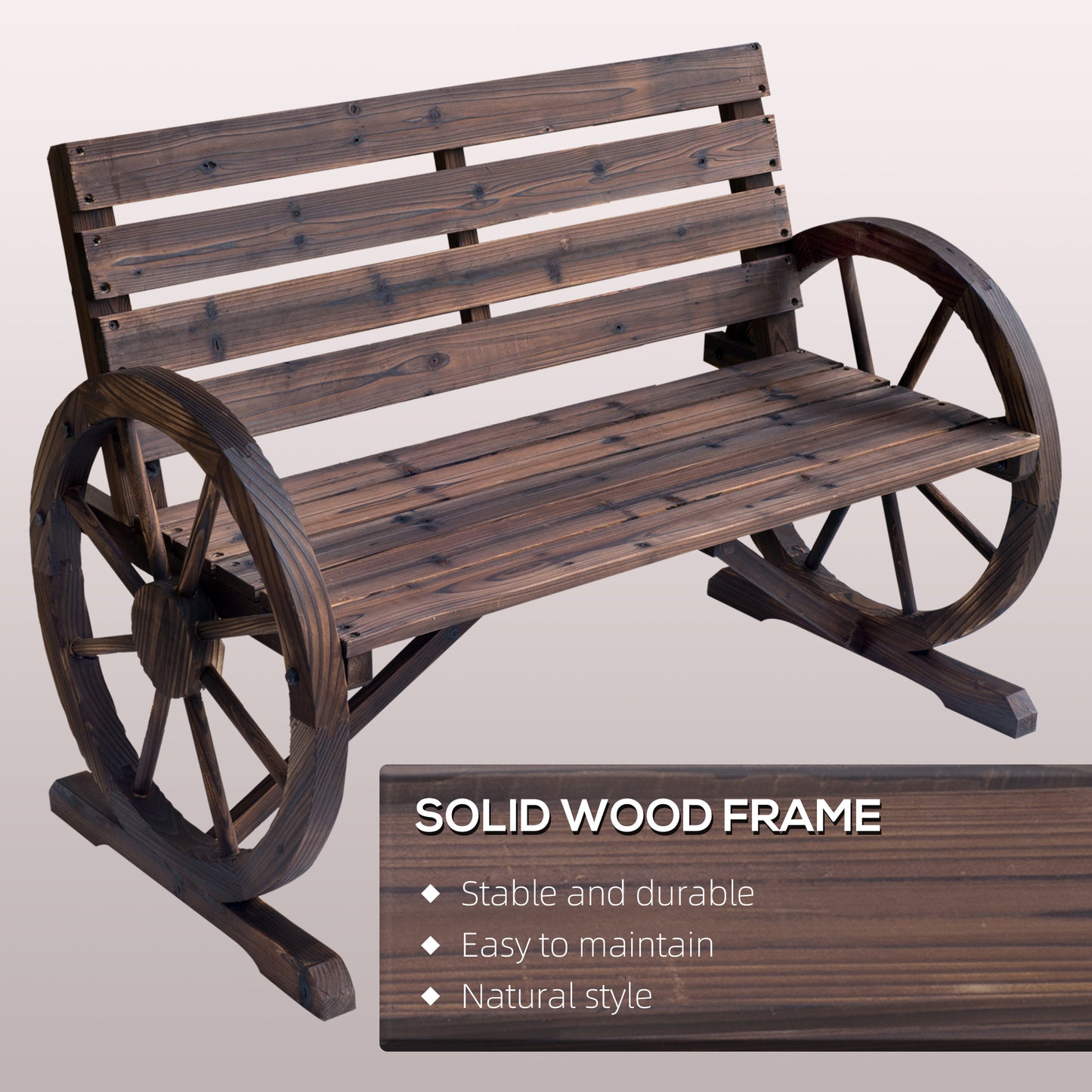 41" Wooden Wagon Wheel Bench, Rustic Outdoor Patio Weather Resistance Furniture, 2-Person Slatted Seat Bench with Backrest, Carbonized
