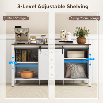 59 Buffet Cabinet, Farmhouse Sideboard With Thick Top, 2 Barn Doors, 4 Drawers And 2 Adjustable Shelves, White