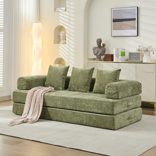 Comfy Convertible Folding Mattress Couch, Floor Sofa Bed, Chenille Floor Sofa With Armrest, Floor Sofa Lounge Couch For Living Room Bedroom Lounge Studio-Green