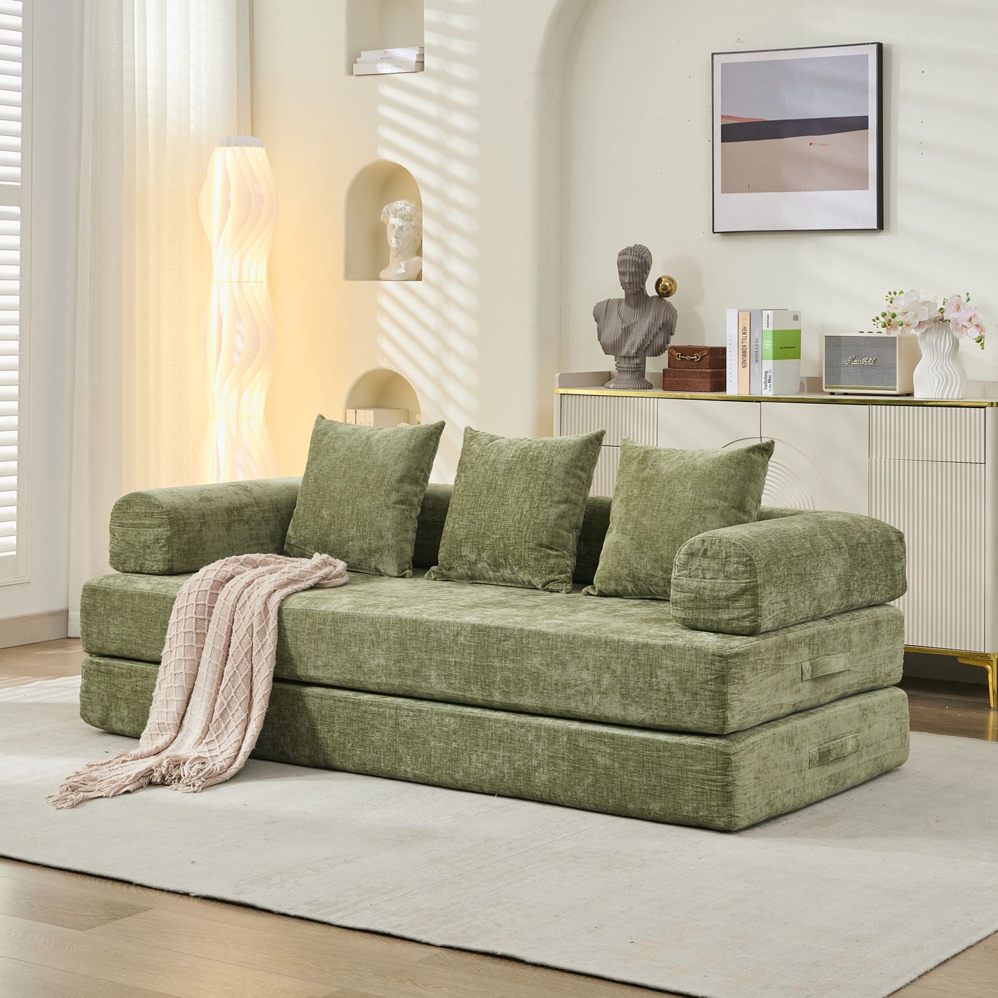 Comfy Convertible Folding Mattress Couch, Floor Sofa Bed, Chenille Floor Sofa With Armrest, Floor Sofa Lounge Couch For Living Room Bedroom Lounge Studio-Green