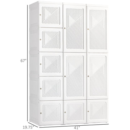 Portable Wardrobe Closet, Folding Clothes Storage Organizer with 8 Cube Compartments, 2 Hanging Rods, 11 Magnet Doors, White