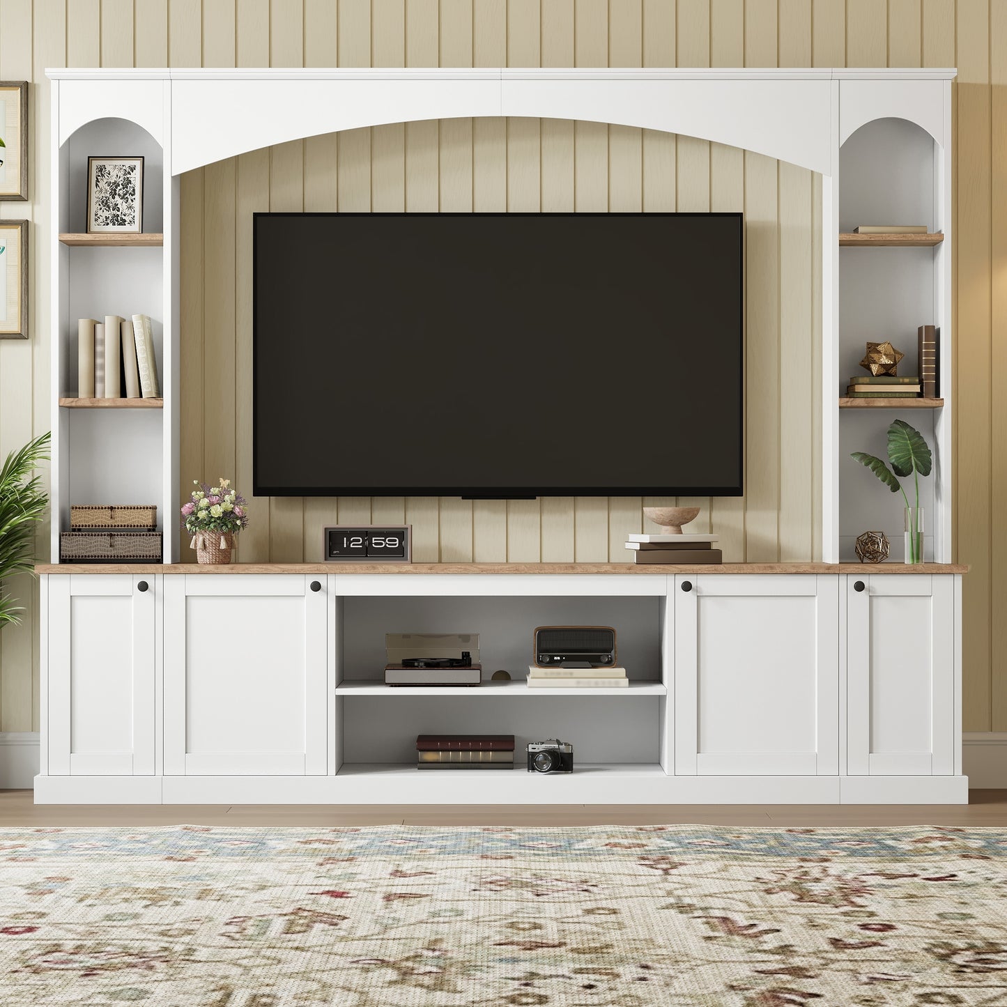 Elegant Arched Entertainment Center Wall Unit With Bookshelf, Farmhouse Large TV Stand With Wood Grain For TVs Up To 70, 91inch Stylish Media Console With Adjustable Shelves For Living Room, White