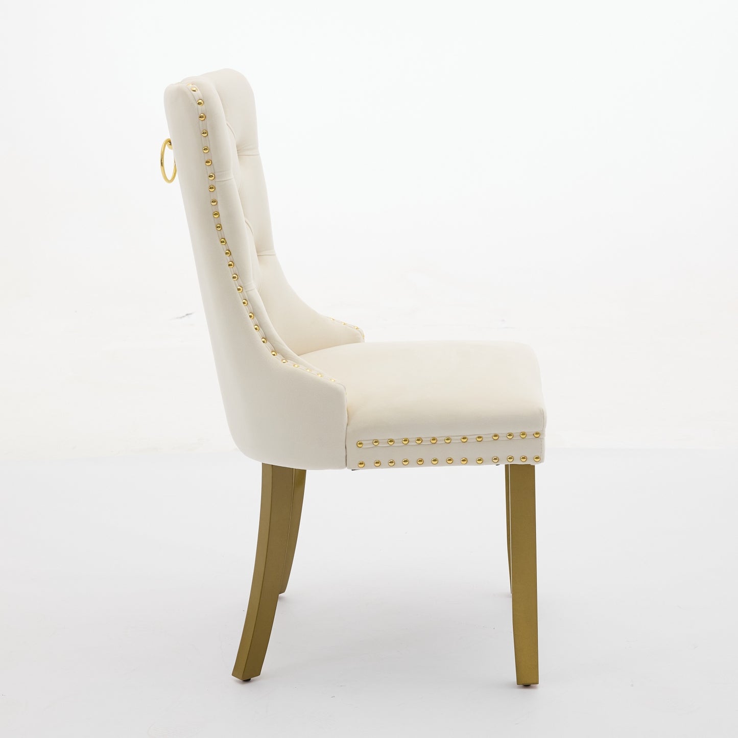 A&A Furniture, Nikki  Modern, High-end Tufted Solid Wood Contemporary Velvet Upholstered Dining Chair With Golden Wood Legs Nailhead Trim 2-Pcs Set, Milky White