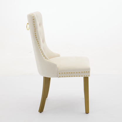 A&A Furniture, Nikki  Modern, High-end Tufted Solid Wood Contemporary Velvet Upholstered Dining Chair With Golden Wood Legs Nailhead Trim 2-Pcs Set, Milky White