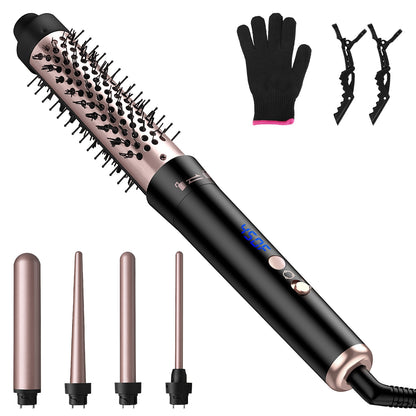 2 Type Options--1Pc 5 In 1 Curling Wand Hair Curling Iron Brush Anti-Tangle Hair Thermal Brush Curler With 4 Heating Levels 360 Degree Rotatable Cable 5 Interchangeable Barrels 2 Clips 1H Auto Off