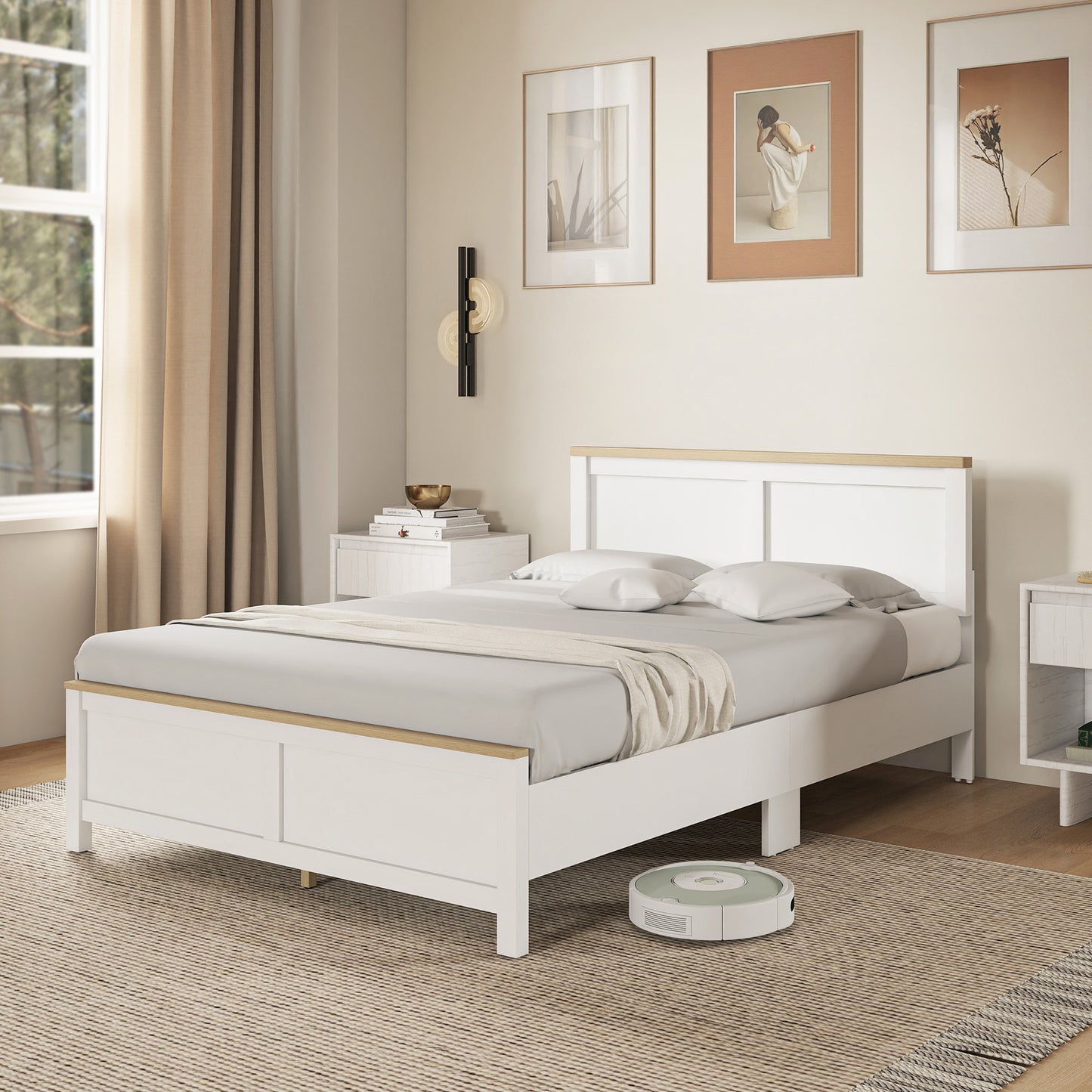 Full Bed Frame with Headboard, Modern Platform Bed Frame with Wooden Slats, No Box Spring Needed, Easy Assembly, White