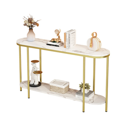 2-Tier Oval Console Table, White Faux Marble Top With Gold Metal Frame, Modern Entryway Table With Open Shelf, 42.1"×11.4"×30.5" Narrow Sofa Table For Hallway, Living Room & Foyer