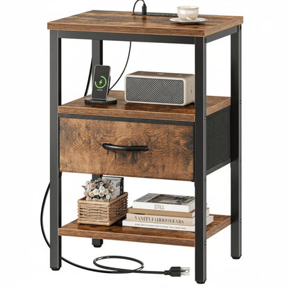 Bedside Table, With Built-in USB-C-type Port Sockets And Adjustable Drawers, 3-layer Storage Rack, And Fabric Drawers