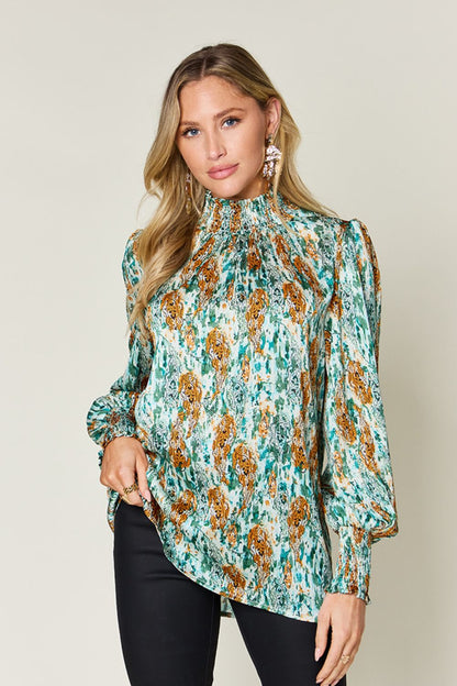 Semi-Sheer Smocked Top with Long Sleeves & Frills