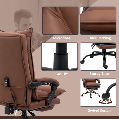 Executive Massage Office Chair with 6 Vibration Points, Microfiber Computer Desk Chair, Heated Reclining Chair with Footrest, Armrest, Double Padding, Brown