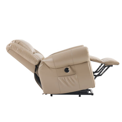 Power Lift Recliner Chair With Massage & Heat, Single Motor Lift Chair, Breathable PU Faux Leather, USB & Type-C, Side Pockets, Light Brown