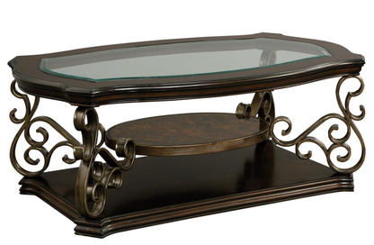Cocktail Table, Glass Table Top, MDF W Marble Paper Middle Shelf, Powder Coat Finish Metal Legs. 52Lx32Wx20.3H