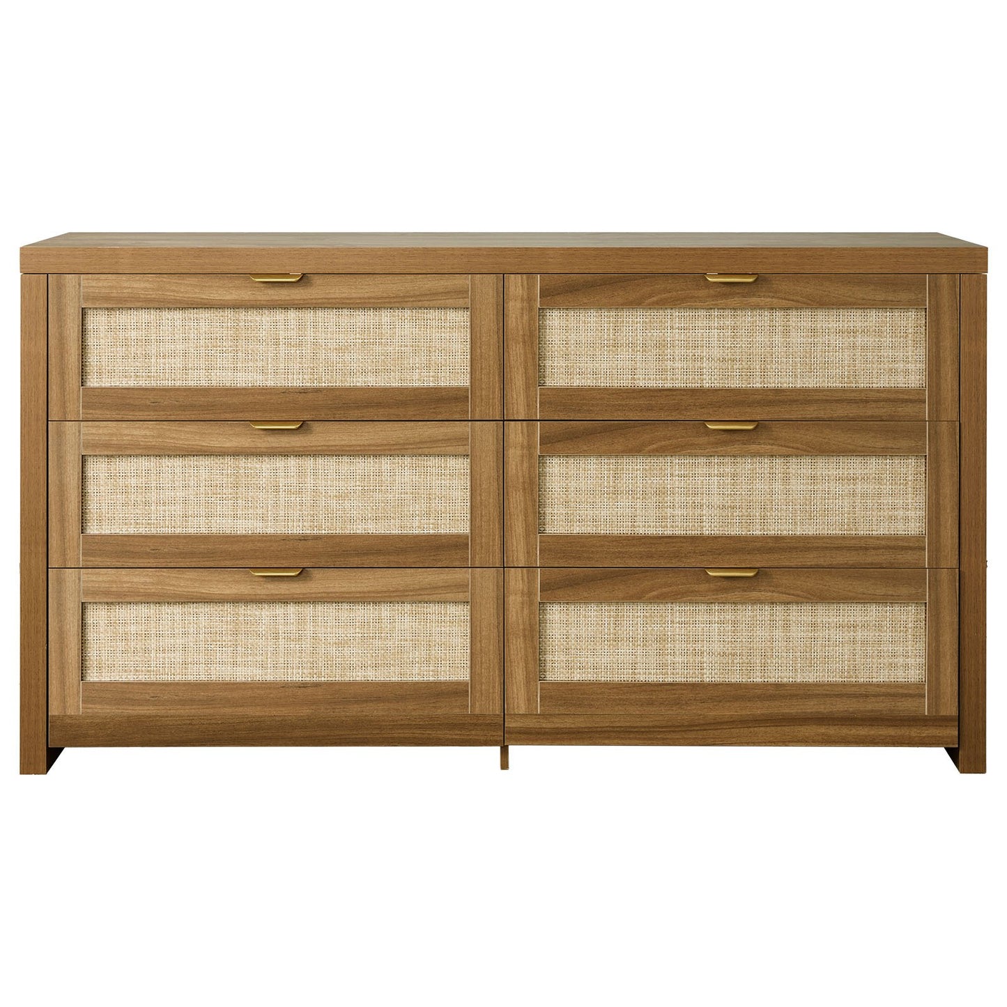 6 Drawer Rattan Dresser, Double Dresser For Bedroom, Natural Rattan Chest Of Drawer With Metal Handle, Modern Wood Chest Clothing Organizer & Storage For Bedroom, Living Room, Hallway, Walnut