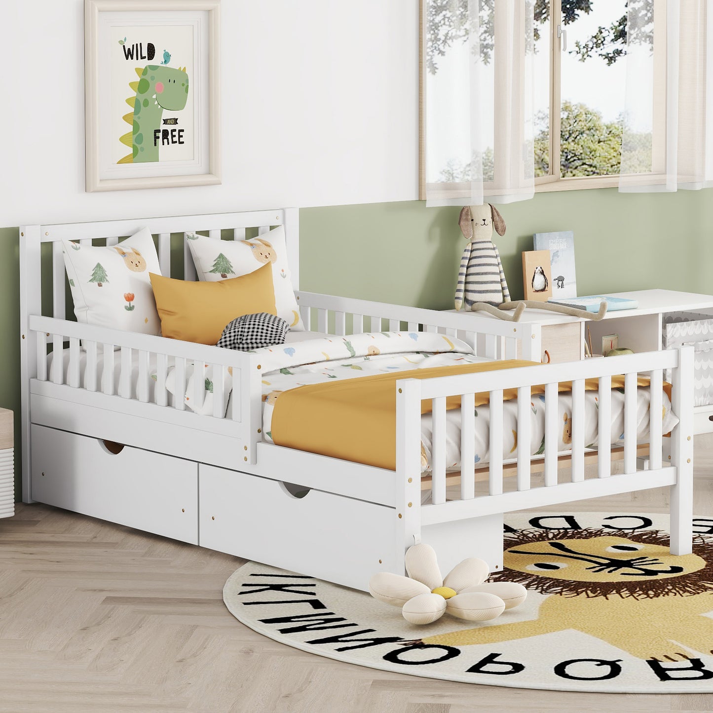 Twin Size Wood Platform Bed With Guardrails On Both Sides And Two Storage Drawers ,White
