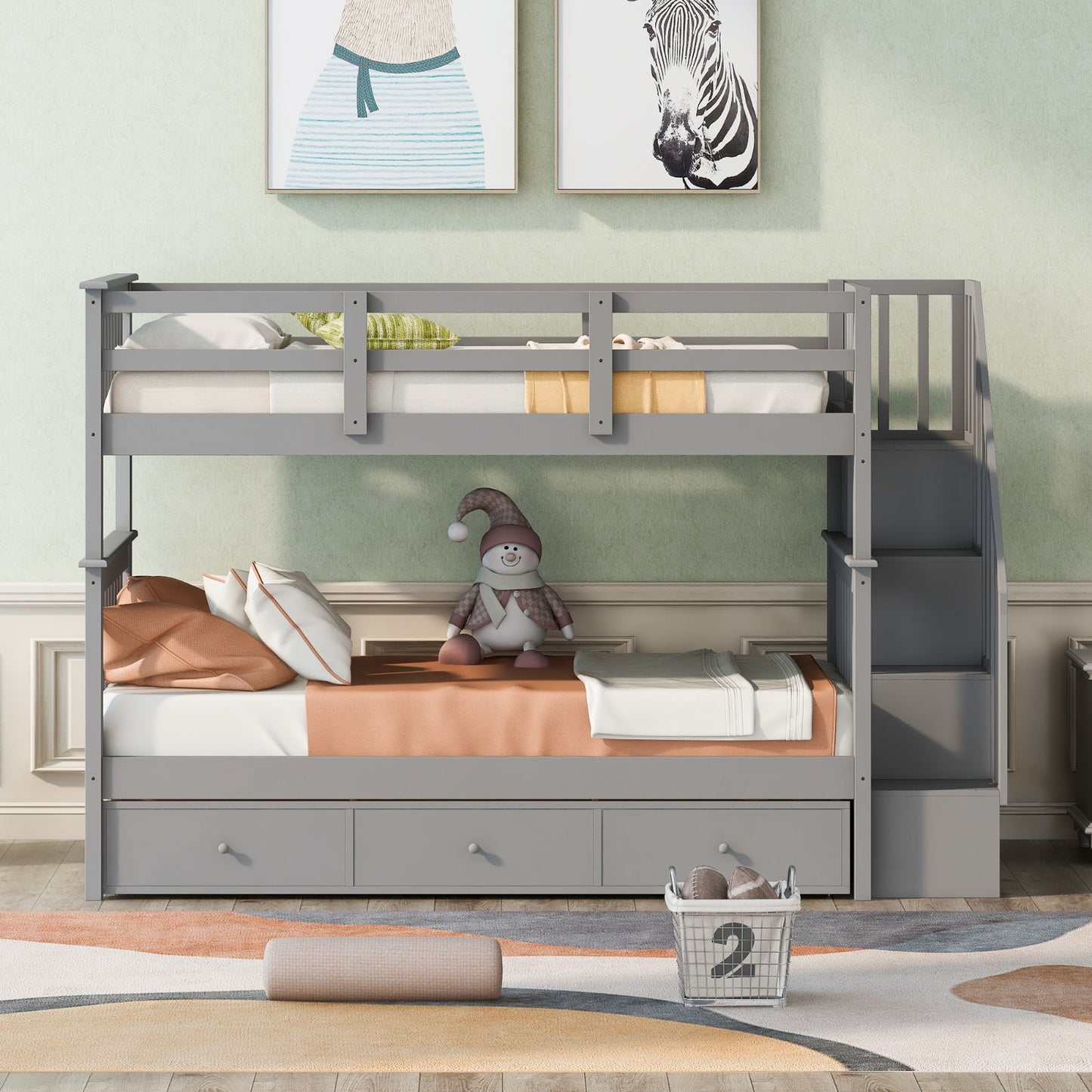 Stairway Twin-Over-Twin Bunk Bed With 3 Drawers - Gray