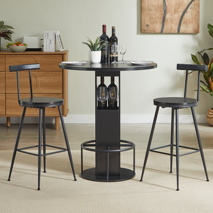 3-Piece Bar Table And Stool Set 31.5-inch Round Bar Table With Two Stools Compact Wooden Dining Bar With Metal Ring Footrest Ideal For Restaurants, Cafes, Bars, Living Rooms, And Small Spaces,Black