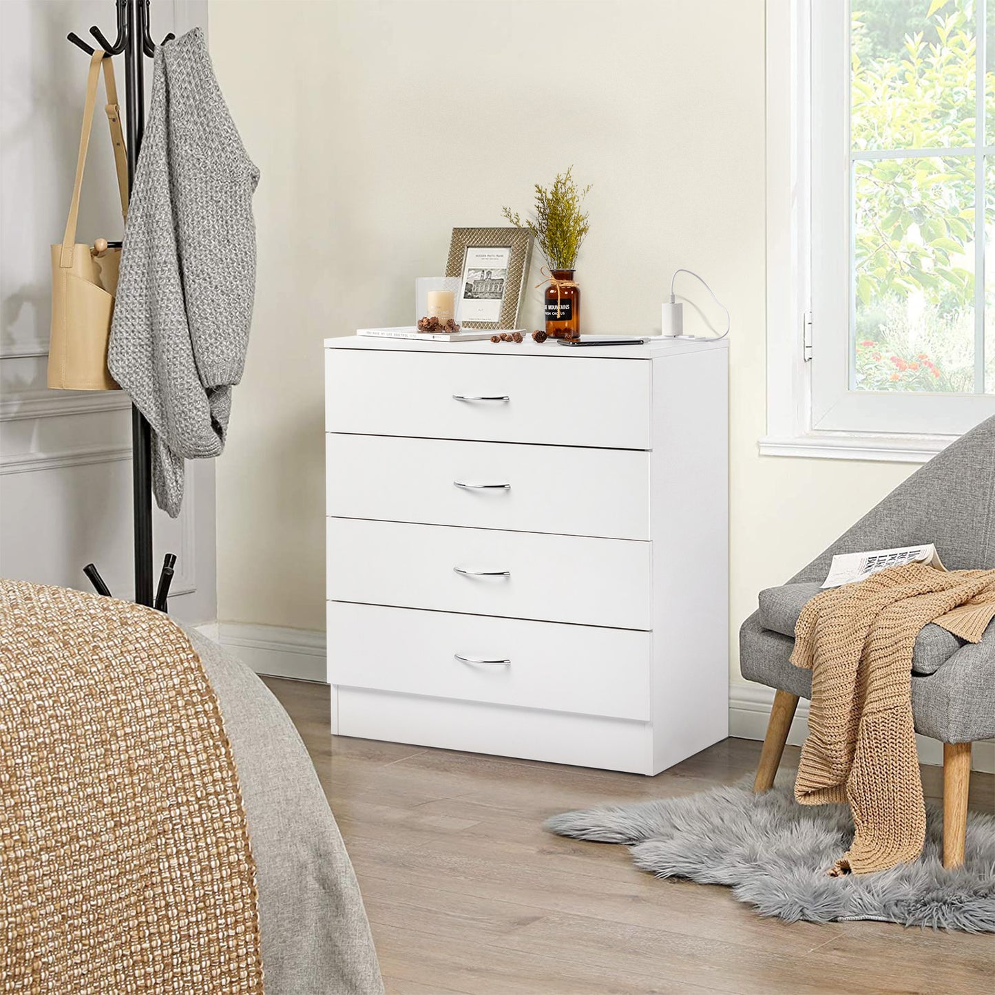 4 Drawers, 2 USB  2 Sockets, Bedside Table