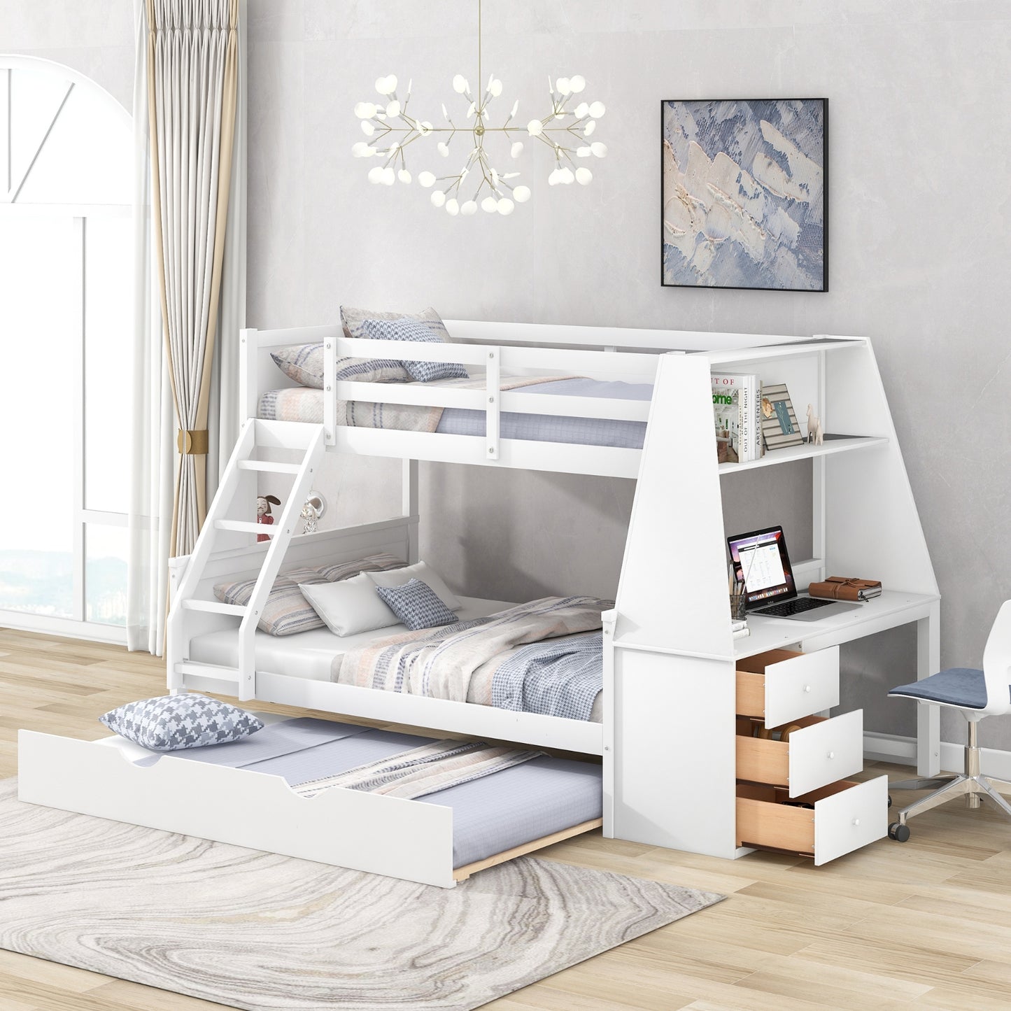 Twin Full Bunk Bed W  Trundle, Desk, 3 Drawers   Shelf - White