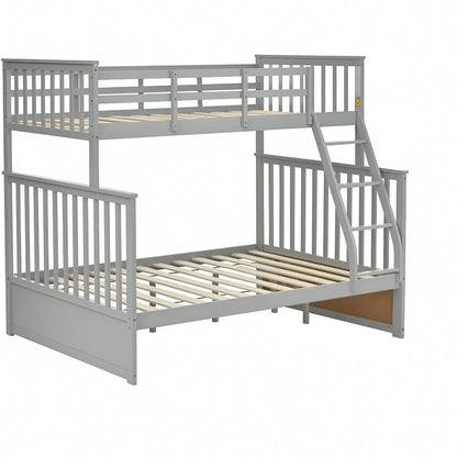 Twin Over Full Bunk Bed , Wooden Bunk Bed With Ladder And Safety Guard Rails - Gray