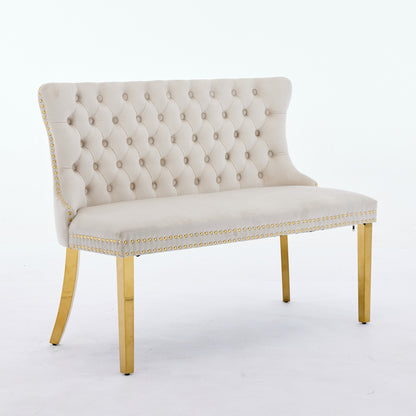 Velvet Double Dining Loveseat Bench, Kitchen & Dining Seating, 2-Seat Tufted Bench W Handmade Buttons, Wing Back, Gold-Plated Steel Legs, Mid Century Modern,Single Pack,Beige