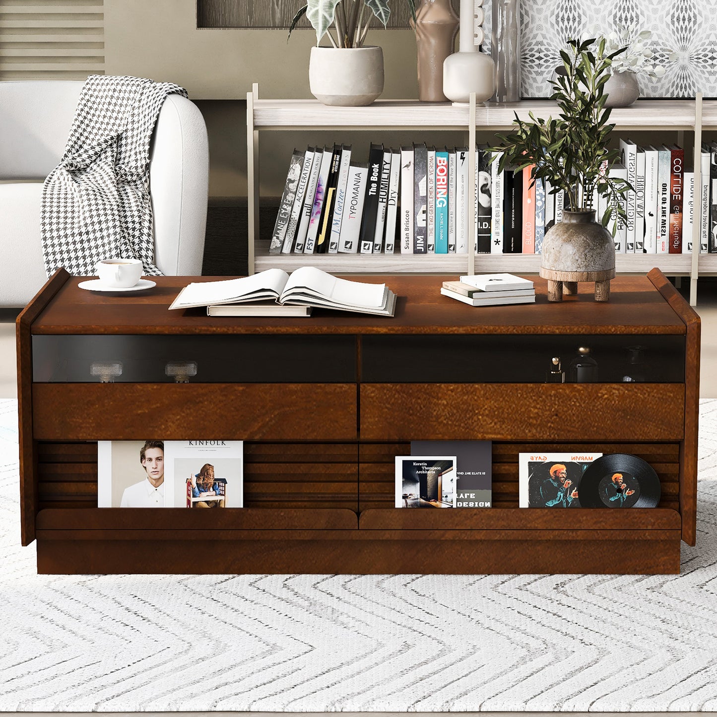 U-Can Modern Rectangle Coffee Table With 4 Drawers And 2 Display Shelves, 47.2  Wood Coffee Table With Fluted Style, Tempered Glass For Living Room